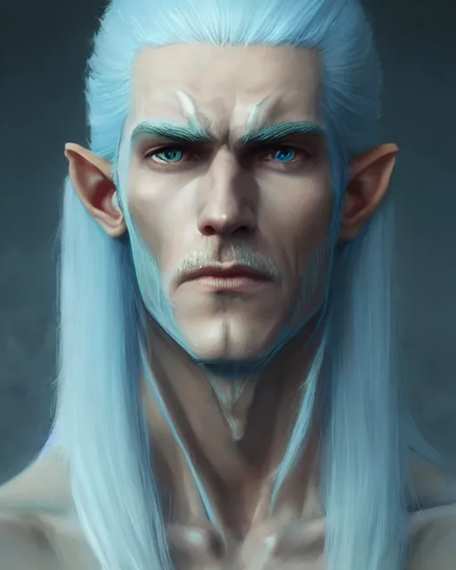Prompt: character portrait of a slender young half elven man with white hair, piercing turquoise blue eyes, and pale blue skin, by greg rutkowski, mark brookes, jim burns, tom bagshaw, trending on artstation