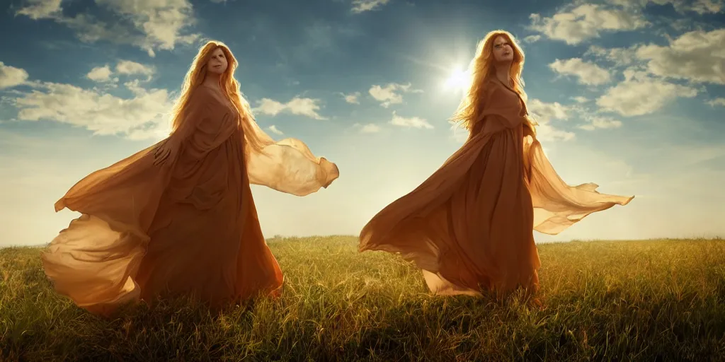Image similar to realistic scene of 1 mysterious woman in silky clothes with long golden hair walking on a clouds trying to touch the sun, detailed, 1 4 5 0, delicate, hyper realism, ultra realistic, 8 k