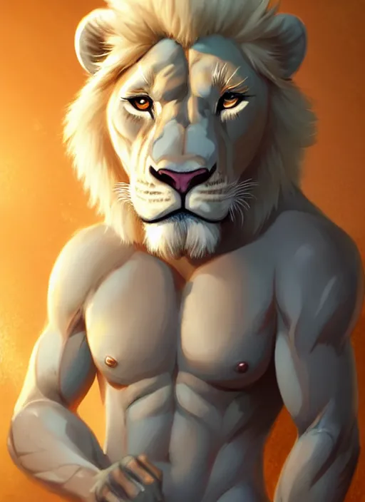 Image similar to award winning beautiful commission of a muscular male furry anthro albino lion wearing swim trunks chilling in a modern spa with soft warm atmospheric cozy lighting with beautiful hyperdetailed face. Character design by charlie bowater, ross tran, and makoto shinkai, detailed, inked, western comic book art