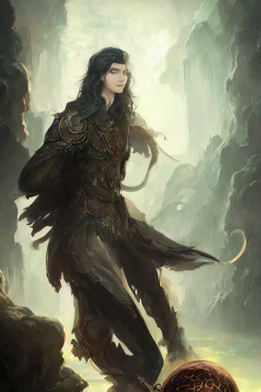 Image similar to portrait | elven teenage boy mage | long black hair | dragon egg | digital painting | modern fantasy | concept art | by peter mohrbacher | by wlop | by ruan jia