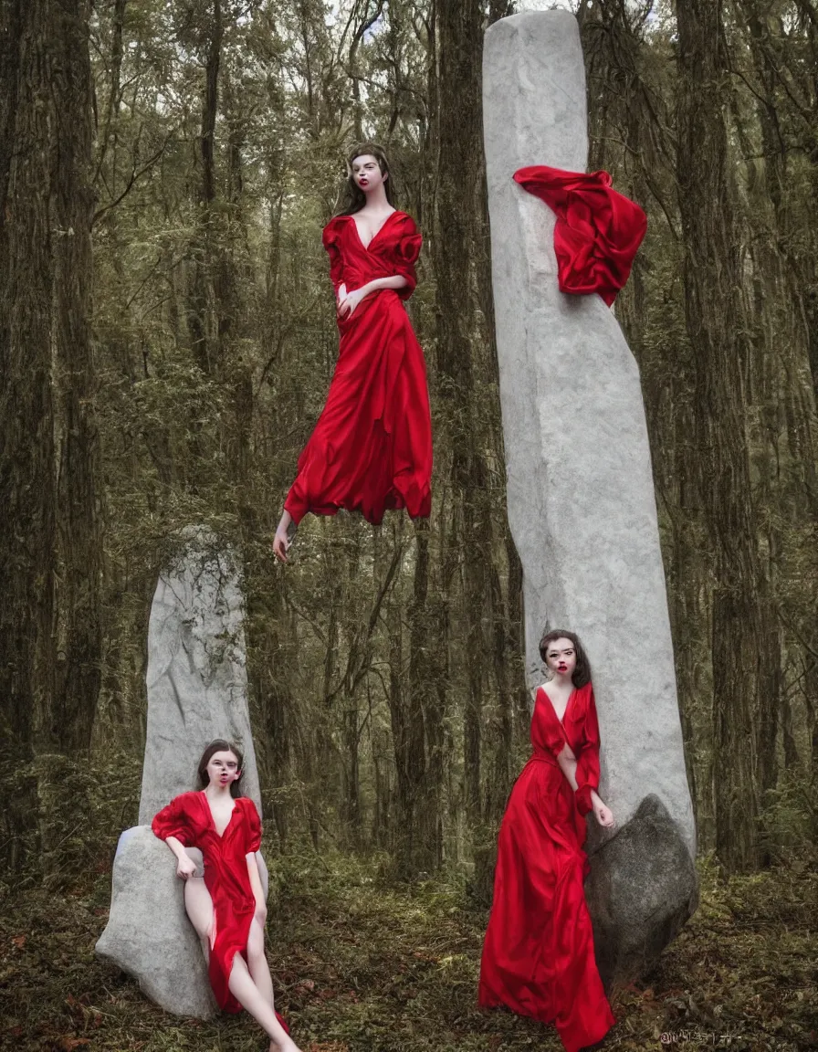 Prompt: hyper - realistic marble sculpture of anya taylor joy, red lipstick, vogue photoshoot, glamour, long dress, foggy forest at night, abandoned, gloomy, cloudy, full moon, darkness, hard lighting, full body portrait, photography