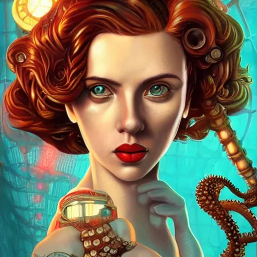 Image similar to lofi underwater bioshock steampunk portrait of scarlett johansson, octopus, Pixar style, by Tristan Eaton Stanley Artgerm and Tom Bagshaw.