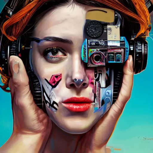 Image similar to a portrait of beautiful, mischievous, young woman by sandra chevrier, detailed render, tape deck, boombox, headphones, epic composition, cybernetics, 4 k realistic, cryengine, realistic shaded lighting, sharp focus, masterpiece, by matteo scalera, gary montalbano, peter elson in the style of the tokyo ghost comic