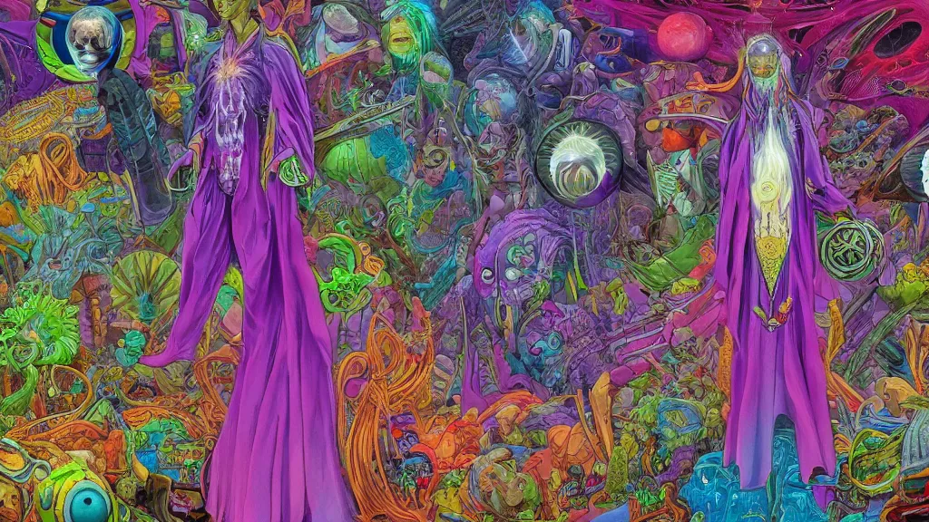 Prompt: colorful and vivid character sheet for an extraterrestrial with large bulbous head, religious robes, retrofuture, high contrast, wayne barlow, ernst haeckel, fantastic planet, moebius, valerian, coherent, illustration, digital art, trending on artstation, hd, 8 k, good lighting, beautiful, rough paper, masterpiece