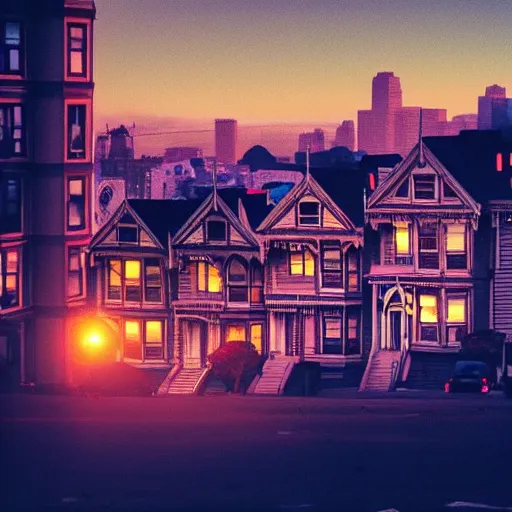 Image similar to a photograph of the painted ladies in san francisco at sunset foggy artstation cyberpunk dreamscape high definition