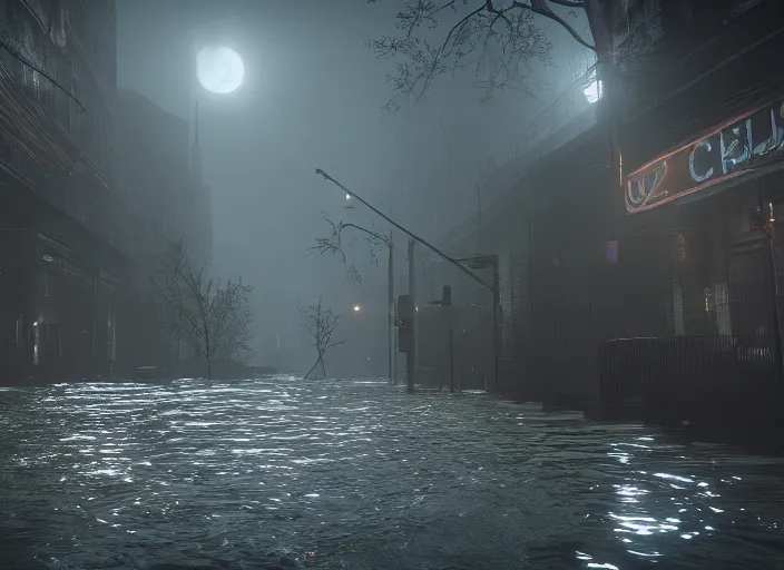 Image similar to dark, misty, foggy, flooded chicago city street, swamp and grunge in destiny 2, liminal creepy, dark, dystopian, abandoned highly detailed 4 k in - game destiny 2 gameplay showcase