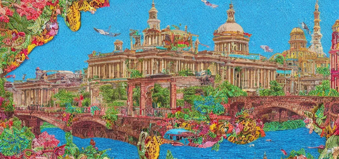 Prompt: a stand-alone building along a river, seen from the long distance. people walking on a bridge. maximalist mixed paper and baroque embroidery fabric collage. childrenbook illustration in vibrant pastel tones. matte background. HD 8x