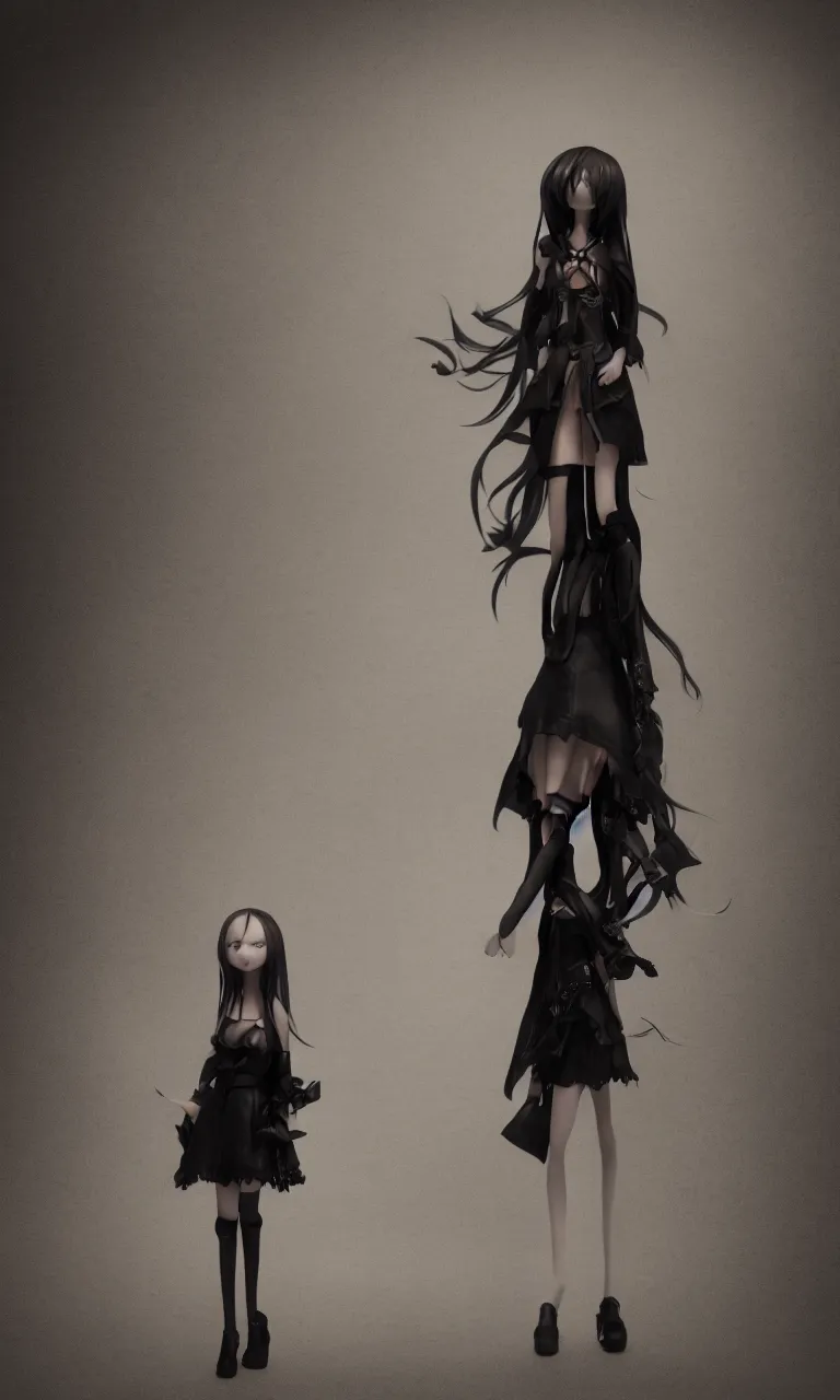 Image similar to cute fumo plush girl enigmatic gothic maiden standing in the center of the dark abyss, vignette, vray
