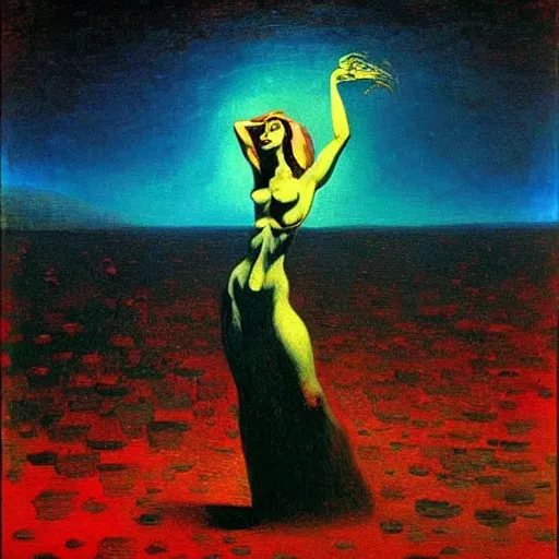 Prompt: Carmen sings beautifully, mesmerizing a crowd and shattering worlds- contest-winning artwork by Salvador Dali, Beksiński, Van Gogh and Monet. Stunning lighting