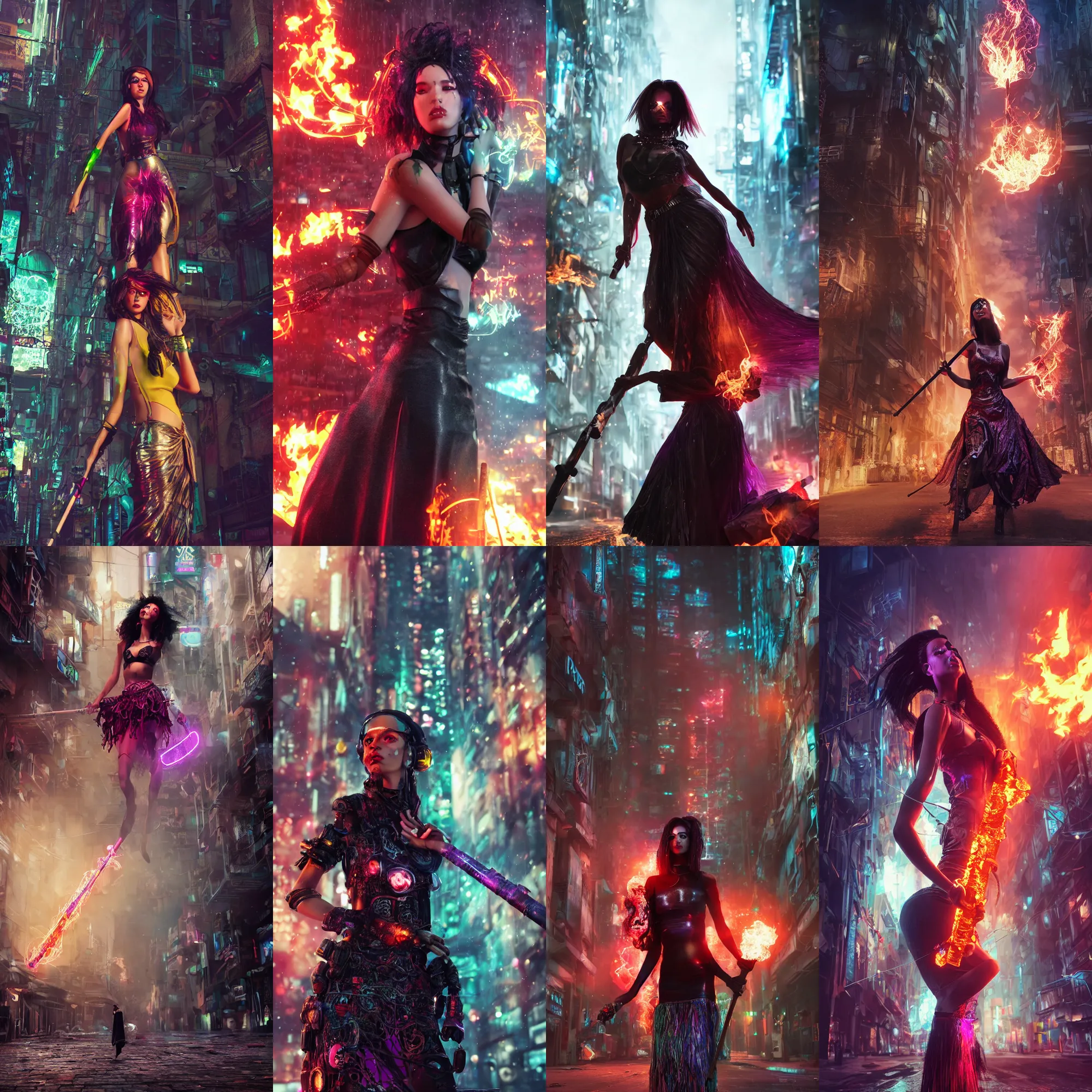 Prompt: a gorgeous latin woman, colorful plasma hairs, holding a staff, wearing apocalyptic skirt, cyberpunk city street, casting a fire spell, intricate details illustration, by barbucci, cinematic, hyperrealism, elegant, vfx, octane render, 8 k