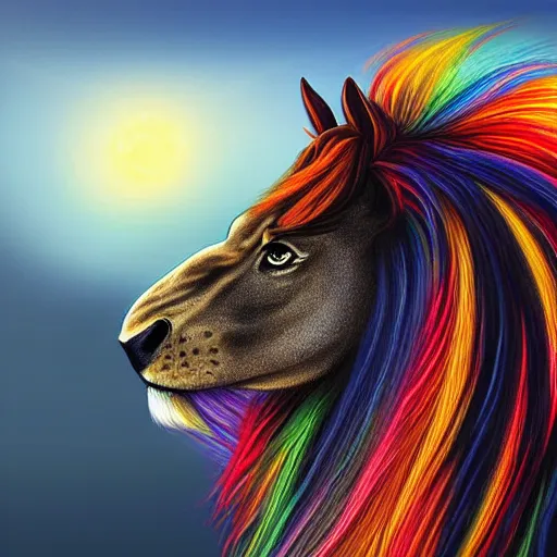 Prompt: profile view of cute fluffy horse with long colorful flowing lion mane blowing in the wind with mohawk top hairstyle hybrid animal detailed painting 4 k