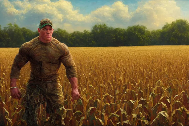 Image similar to john cena in a corn field, an oil painting by ross tran and thomas kincade