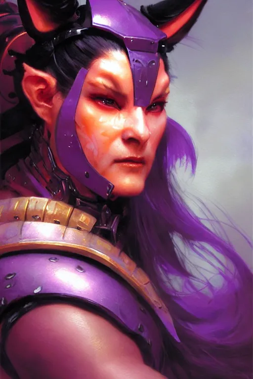 Image similar to extreme close up, facial portrait, woman with a long black ponytail in purple sci - fi armor, wearing a kitsune mask, shoulder pad is a glowing oni mask, striking pose, portrait dnd, painting by gaston bussiere, craig mullins, greg rutkowski, yoji shinkawa