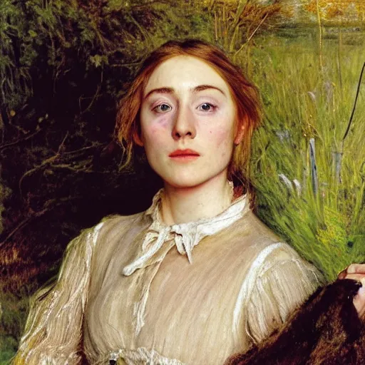 Image similar to a true-to-life portrait of Saoirse Ronan painted by John Everett Millais