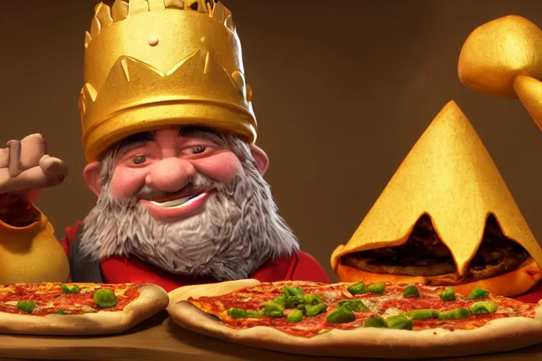 Image similar to 3 d render of a dwarf character who is a king, wearing golden crown, pizza topping, burning in a wood fired oven, cooking pizza, highly detailed octane render, artstation, surrealism, pixar