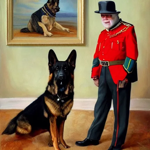 Image similar to an oil painting of a 6 4 years old man as the king of canada, and a german shepherd sitting on his legs