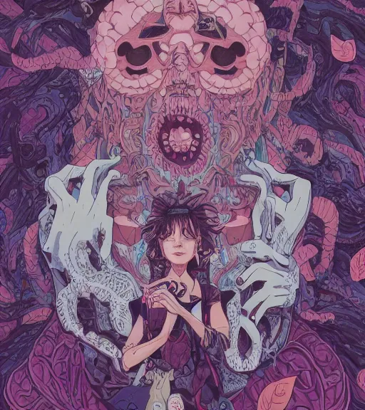Prompt: portrait, nightmare anomalies, leaves with susanoo by miyazaki, violet and pink and white palette, illustration, kenneth blom, mental alchemy, james jean, pablo amaringo, naudline pierre, contemporary art, hyper detailed