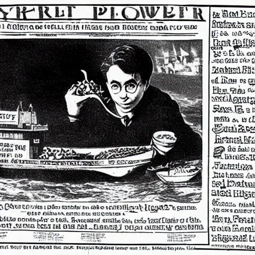 Prompt: Harry Potter eating a plate of nachos in a boat on a river, Early 1900s newspaper, Hyper realistic