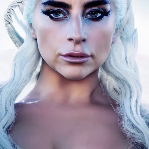 Image similar to Lady Gaga as Daenerys Targaryen mother of dragons, drogon, XF IQ4, 150MP, 50mm, F1.4, ISO 200, 1/160s, natural light