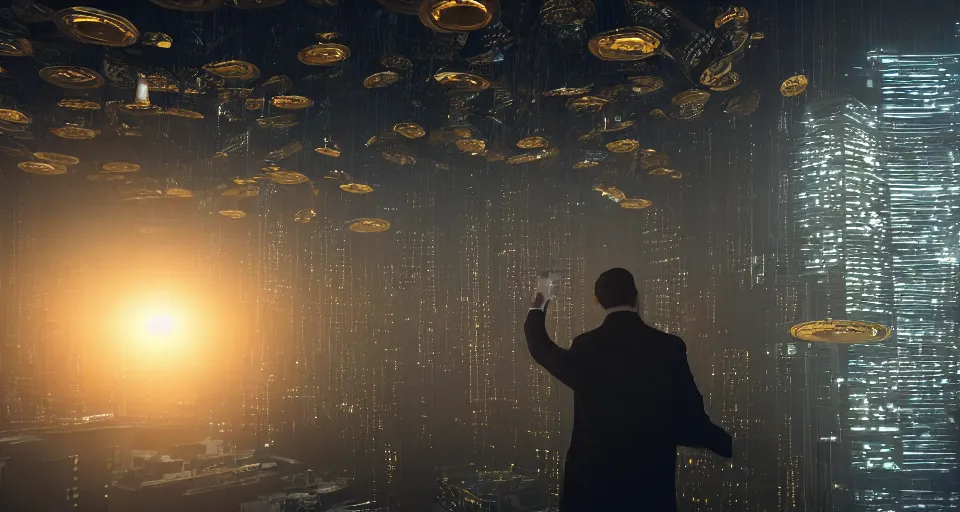 Image similar to Dramatic photo of a CEO waving goodbye to silhouettes of his coworkers in a futuristic office. Golden coins are levitating all around them. 8k, high detail, trending on Artstation, volumetric lighting, cyberpunk