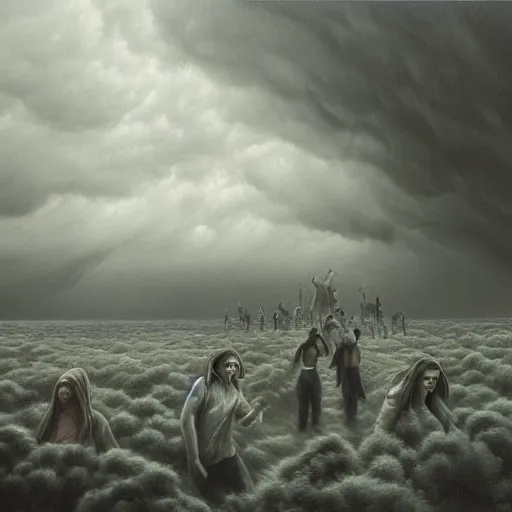 Image similar to a hyperrealistic painting of the dancers at the end of time, stormy skies, vivid color, by john kenn mortensen, highly detailed,