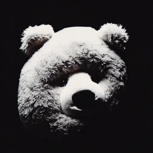 Image similar to a ( ( ( ( ( ( ( ( ( chiaroscuro lighting portrait ) ) ) ) ) ) ) ) ) ) of kanye west dressed as teddy bear mascot, black background, portrait by julia margaret cameron, shallow depth of field, 8 0 mm, f 1. 8