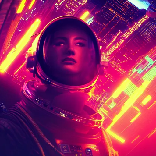 Image similar to professional closeup photo of astronaut from low angle shot with cyberpunk city on background, synthwave, blade runner, hyperrealistic masterpiece, trending on artstation, cgsociety, kodakchrome, golden ratio, cinematic, composition, beautiful lighting, hyper detailed, sharp focus, octane render, 4 k, unreal engine