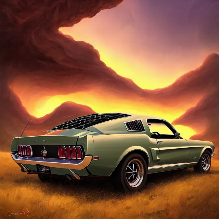 Image similar to a 1 9 6 8 mustang from behind driving down a country road, coriolios rpg art style, full of details, warm sunset colors, matte painting, artstation, 8 k, hyperrealistic, style of peter mohrbacher, album cover