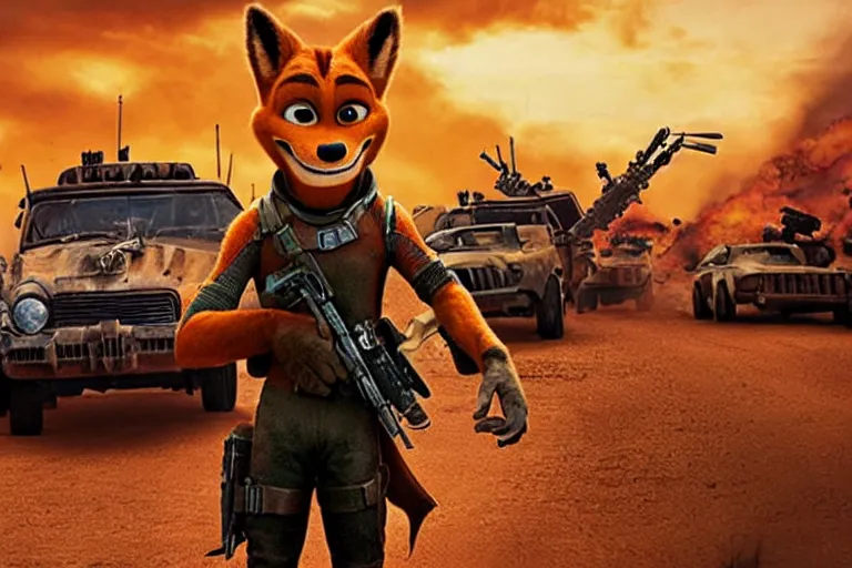 Image similar to nick wilde, heavily armed and armored facing down armageddon in a dark and gritty reboot from the makers of mad max : fury road