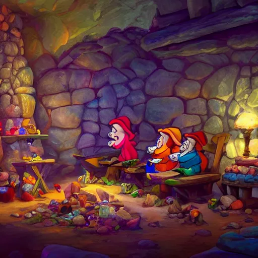 Image similar to a beautiful photo of the seven dwarfs mine, colorful crystals scattered around, and a mine cart full of crystals, natural light, concept art, cozy, atmospheric and cinematic lighting