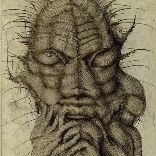 Image similar to four faced creature, drawn by da vinci