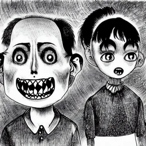 Image similar to Children's cartoon but its incredibly scary, meant to traumatize them, Junji Ito and Laurie Lipton