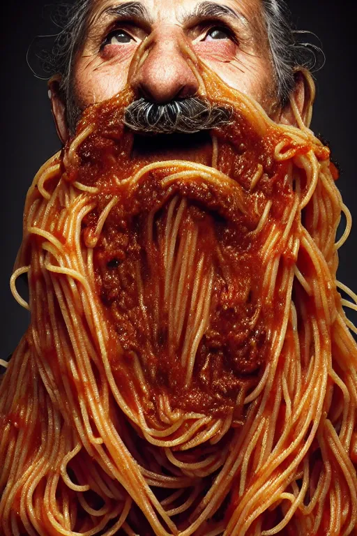 Image similar to extremely detailed portrait of old italian cook, spaghetti mustache, slurping spaghetti, spaghetti in the nostrils, spaghetti hair, spaghetti beard, huge surprised eyes, shocked expression, scarf made from spaghetti, full frame, award winning photo by michal karcz and yoshitaka amano