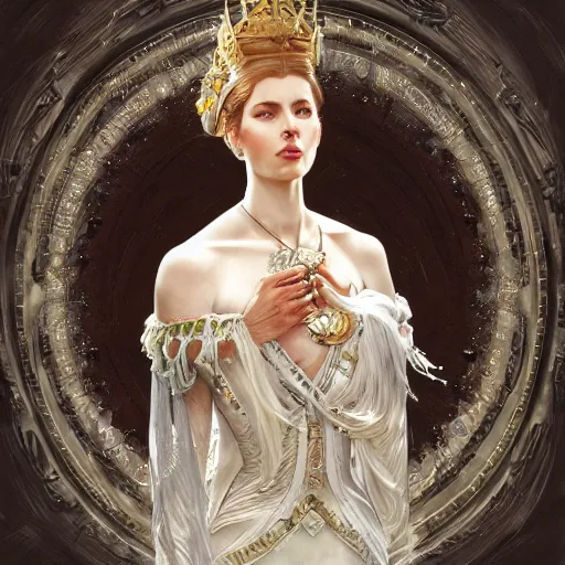 Image similar to a realistic liquid queen with a decorated dress made of white pearls , highly detailed, digital painting, Trending on artstation , HD quality, by artgerm and greg rutkowski and alphonse mucha, dramatic light, octane