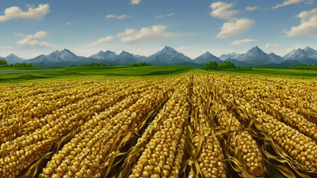 Prompt: immaculate rows of corn, distant mountains in the background, digital 2d fantasy art