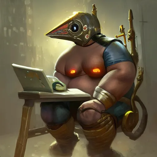 Prompt: a insanely detailed painting of a fat masked superhero wearing a costume sitting at a desk, staring at the nervously at the computer and clicking on the mouse, in the style of peter mohrbacher, dramatic lighting and composition, trending on artstation, concept art, comic book