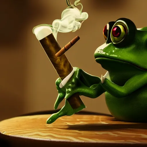 Image similar to a high quality photo of an antropomorphic frog wearing a suit smoking a cigar, 3d scene, render, ultra realistic, artstation, cgsociety