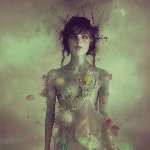 Image similar to Alice in wonderland by cy Twombly and BASTIEN LECOUFFE DEHARME, iridescent, volumetric lighting