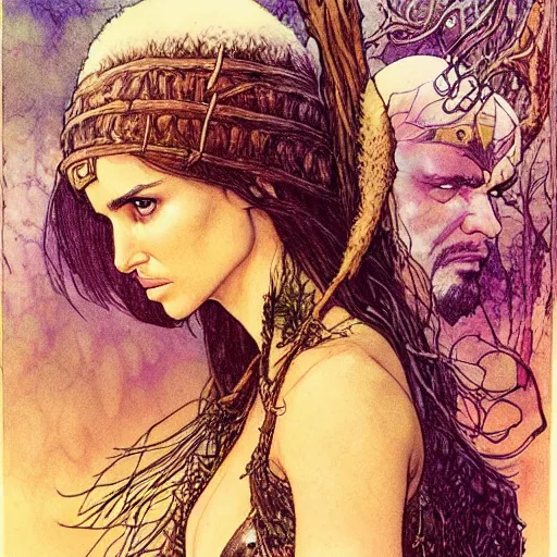 Prompt: a realistic, very beautiful and atmospheric portrait of a young natalie portman as a druidic warrior wizard looking at the camera with an intelligent but seductive gaze by rebecca guay, michael kaluta, charles vess and jean moebius giraud