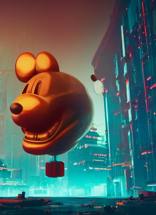 Image similar to giant destroyed head of cyberpunk mickey mouse, in netflix office, by beeple, dystopia, golden ratio, octane render, unreal engine 5, trending on artstation, 8 k