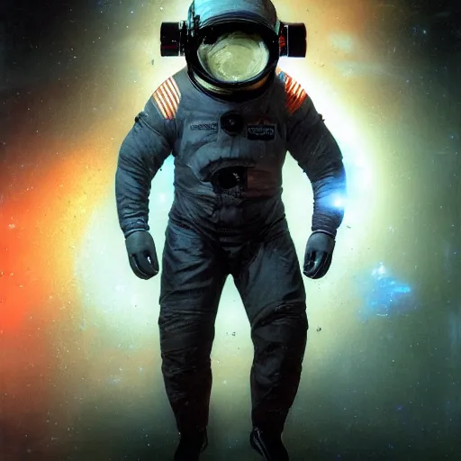 Prompt: concept art by craig mullins diver astronaut in underwater futuristic dark and empty spaceship. infrared complex and hyperdetailed technical suit design. helmet with a red visor. reflection and dispersion materials rays and dispersion of light breaking through the deep water. 5 0 mm, f / 3 2. noise film photo. flash photography. trend artstation