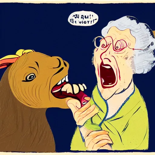 Prompt: an illustration of an old woman opening her mouth extremely wide and swallowing a whole goat