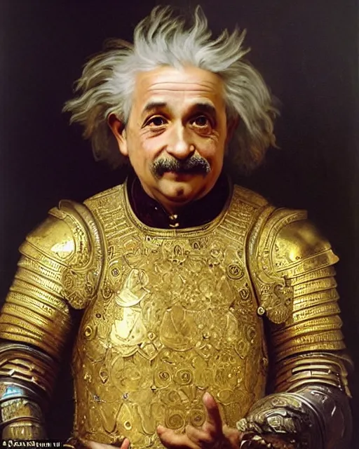 Image similar to brilliant knight : albert einstein is dressed in ornate, detailed, intricate golden armor and surrounded by detailed, complex mathematical equations, detailed oil painting by william adolphe bouguereau