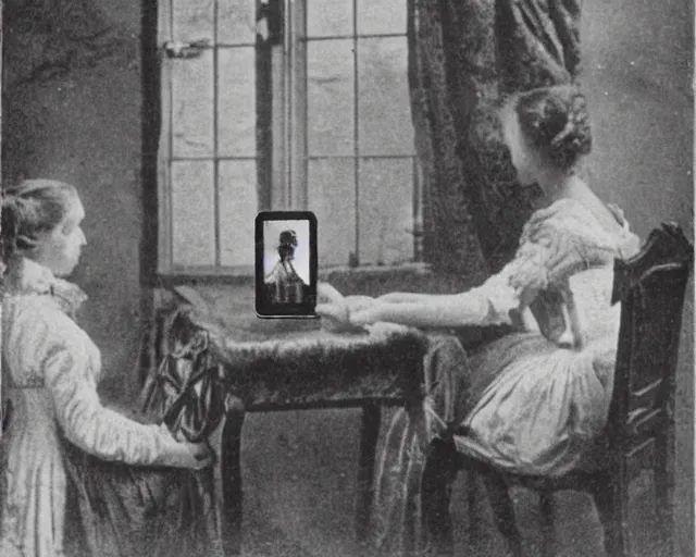 Image similar to an early 1800s photo of someone watching tiktok on their iphone