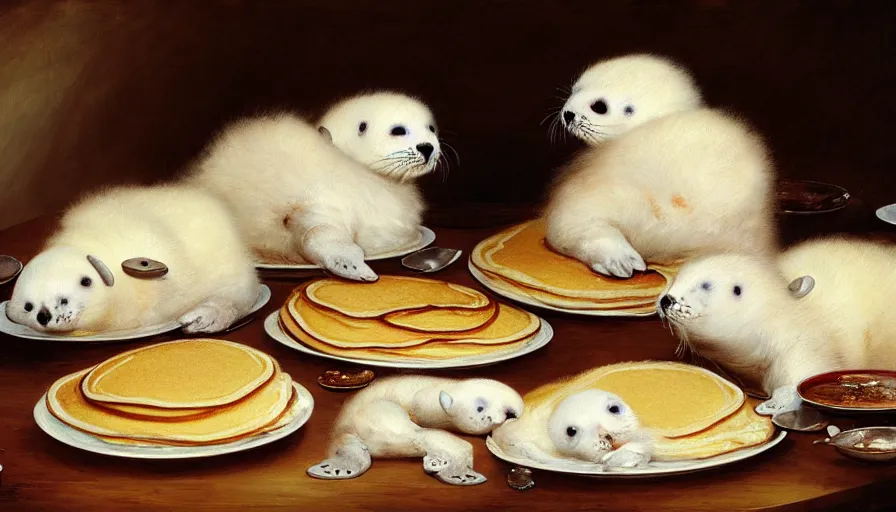 Image similar to highly detailed painting of cute furry white baby seals in a large pile of many pancakes on a table by william turner, by greg rutkowski, by william constable, thick brush strokes and visible paint layers, 4 k resolution