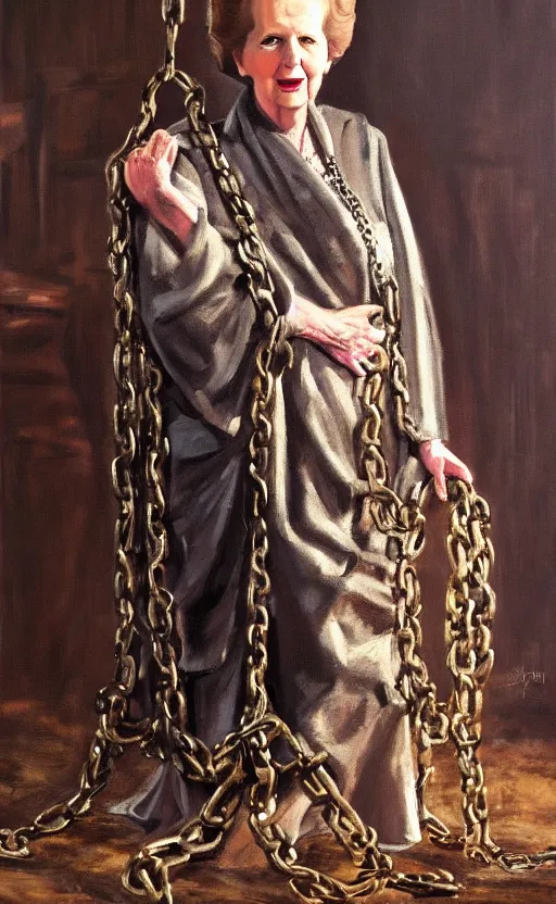 Image similar to an oil portrait of margaret thatcher in ceremonial robe keeping distressed servals in chains at her feet, high quality, artstation, higly detailed, dark lighting