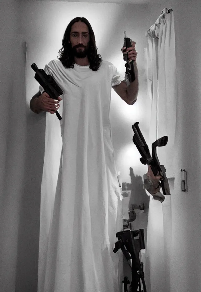 Image similar to jesus christ posing on instagram in his bathroom with an m 1 6