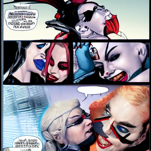 Prompt: Harley Quinn from suicide squad kissing the Batman while darth Vader looks along