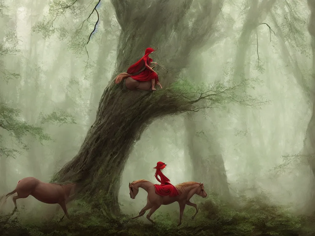 Prompt: serene green oak and beech forest, mysterious female beauty wearing a red cap slowly rides on here beautiful horse through the forest, rays of life, cinematic, fantasy art, moody evening light, foggy, trending on artstation, by esao andrews, by naoto hatori, by tyler jacobson