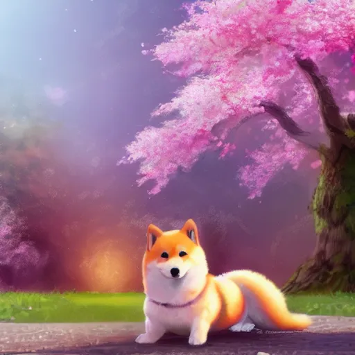 Image similar to a cute fluffy shiba inu plays under the cherry blossom tree, highly detailed, digital painting, artstation, concept art, movie still, smooth, sharp focus uhd 8 k